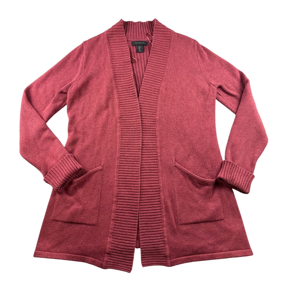 Tahari‎ Cardigan Sweater Women L Red Open Front Shawl Collar Cotton Blend Office